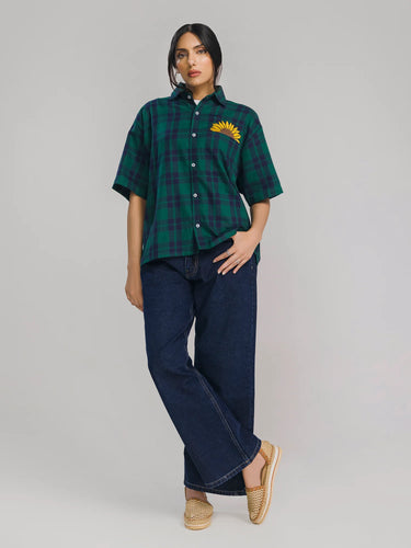Sunrise Check Boxy Shirt in Classic Green and Navy Blue Plaid, image 2